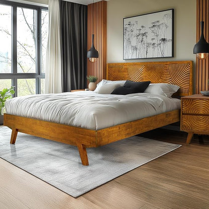 Acacia Harmony King Platform Bed Frame – Solid Rubber Wood, Caramel Finish, Mid-Century Modern Design, Unique Circular Wood Grain, 800lbs Capacity, No Box Spring Needed, Easy Assembly