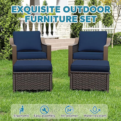 Patio Metal Wicker Chairs with Ottomans Set of 2, Outdoor Conversation Furniture Set - 2 Armchairs | 2 Wicker Ottomans, Removable Cushions, PE Rattan, Front Porch (Navy Blue)