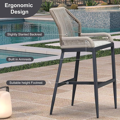 PURPLE LEAF 2 Pieces Bar Stools Patio Modern Rattan Barstools Aluminum Woven Tall Bar Chairs with Cushions for Outdoor Kitchen Island Garden
