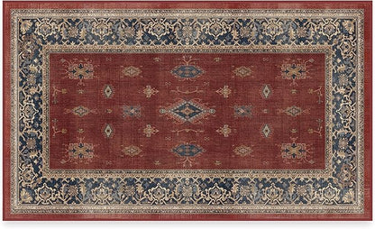 RUGGABLE Washable Vintage Area Rug – Verena Amber Red 3x5, Stain-Resistant, Non-Slip – Small Machine Washable Rugs for Living Room, Bedroom, Hallway, Entryway & Office–with Cushioned Pad