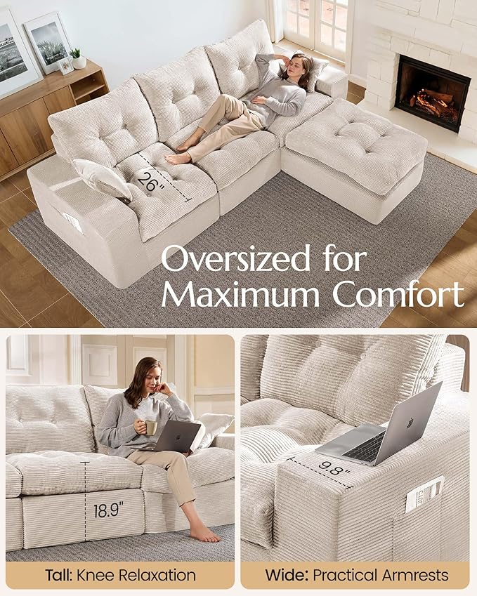 High Back Boneless Couch, Oversized Cloud Couch with Versatile 2-Pack Pillow Blankets, Corduroy Modular Sectional Sofa with Ottoman, No Assemble Sectional Couches for Living Room, Warm White