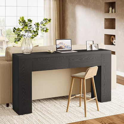 Tribesigns 63-Inch Wooden Console Table with 2 Hidden Drawers, Farmhouse Rustic Brown Sofa Table for Living Room, Hallway, Entrance, Foyer, Easy Assembly (Black)