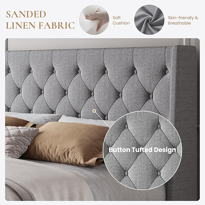 SHA CERLIN King Size Upholstered Platform Bed Frame with Wingback Headboard, Tufted Linen Fabric, Wooden Slats Support, Easy Assembly, Light Grey
