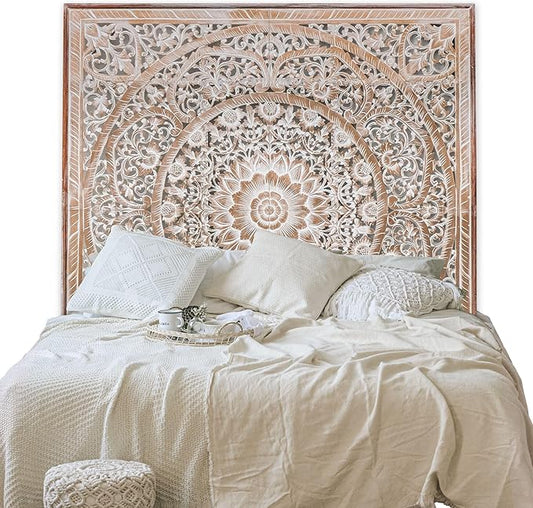 Wood Bed Headboard Rustic | Carved Full Head Board Only | Wooden BedHead Full Size Bed | Wall Mount Wall Art in Sizes King or Queen | Headboard Panels (Manusa Antic, Queen)
