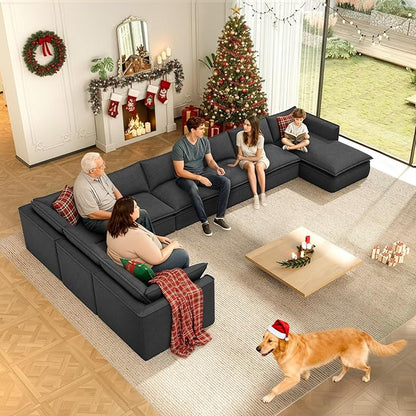 Vesgantti 141.7" U Shaped Boneless Sectional Couch, Modern 6 Seater Modular Sofa with Chaise & Ottoman, Deep Seat Convertible Corduroy Cloud Couches for Living Room, No Assembly Required, Black