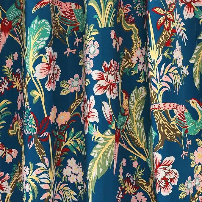 Lush Decor Dolores Light Filtering Window Panels, Pair, 52" W x 63" L, Navy & Multi - Toile Curtains - Floral Bird Print - Grandmillennial & French Country Curtains - Cottage & Maximalist Home Decor