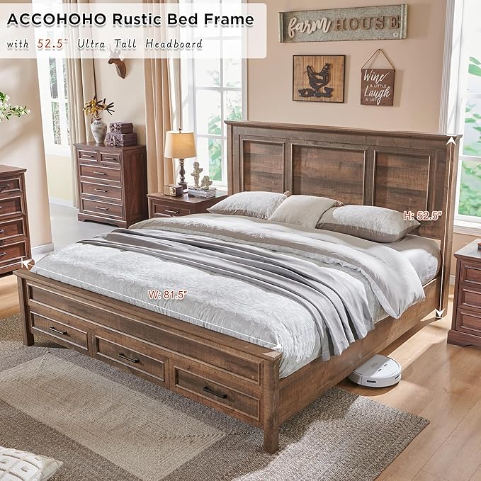 ACCOHOHO Farmhouse King Size Bed Frame with 52" Tall Headboard, Wood Platform Bedframe with Footboard and Storage Drawers, No Squeak, No Box Spring Needed, Light Brown