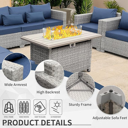 WAROOM Patio Furniture Set 6 Piece Grey Wicker Outdoor Furniture Patio Sectional Sofa Couch PE Rattan Conversation Sets with Fire Pit Table, Blue Cushion