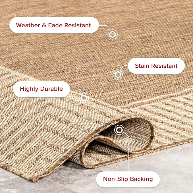 nuLOOM 8' Square Outdoor Area Rug, Casual Design with Striped Border, Stain Resistant, Highly Durable, for Patio, Balcony, Bedroom, Living Room, Dining Room, Bathroom, Light Brown