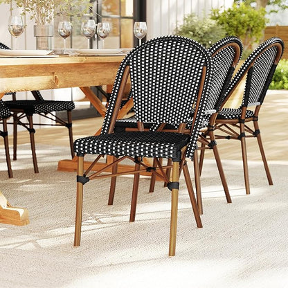Martha Stewart Lily Pond Indoor-Outdoor Stackable Bistro Chairs with Natural Woodgrain Aluminum Frame Finish, Black/White Woven Rattan Backrests/Seats, Set of 2