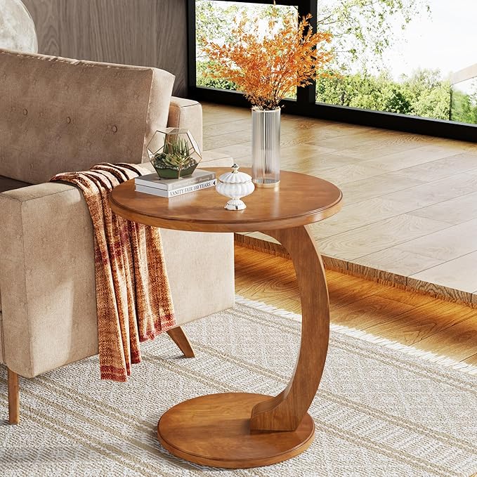 Tribesigns C-Shaped End Table Set of 2, Wooden Round Side Sofa Table, Couch Side Table, Mid-Century Modern End Table, Small Side Table, Boho Side Tray Table for Living Room, Brown