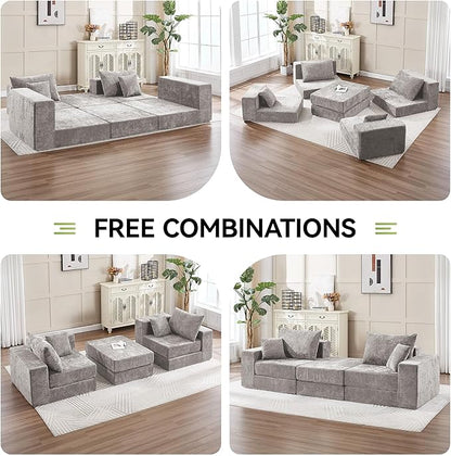 79" Boneless Loveseat Sofa Couch, Modular Foldable Floor Cloud Sofa with Ottoman, Lounge Convertible Sofa Bed for Living Room, No Assembly, Chenille Light Grey