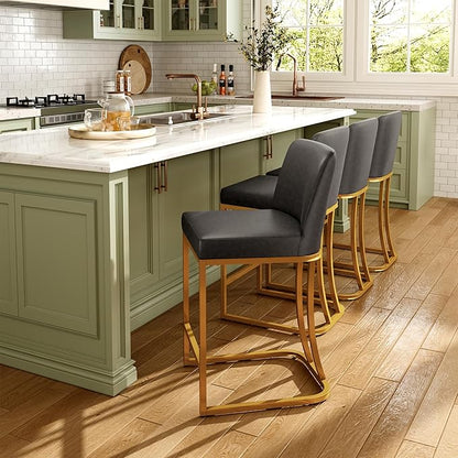MAISON ARTS Counter Height Bar Stools with Back for Kitchen Counter, 24 Inch Modern Upholstered Faux Leather Barstools Farmhouse Bar Chairs Luxury Island Stools Support 330LBS, Grey & Gold