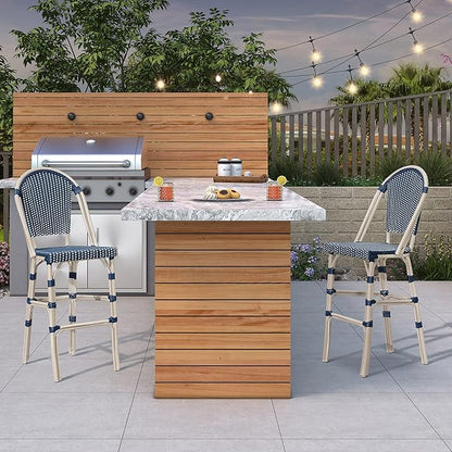 PURPLE LEAF French Counter Height Bar Stool Set of 2 25" White Print Finish Patio Bar Chairs with Back Rattan Bar Chairs French Bistro Set for Kitchen Outdoor Counter Stool Royal Blue
