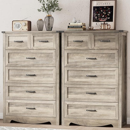 Dresser for Bedroom with 6 Drawers, 49" Tall Wood Chest of Drawers with Deep Drawers & Mental Handle, Modern Dresser TV Stand, Wooden Closet Storage Organizer for Living Room, Hallway, Entryway, Grey