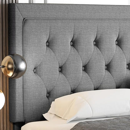Allewie King Size Upholstered Platform Bed Frame with Adjustable Headboard, Button Tufted, Wood Slat Support, Easy Assembly, Light Gray