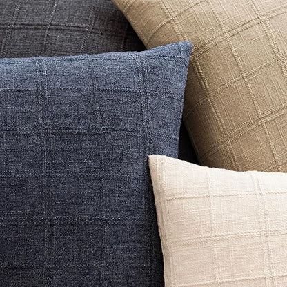 Foindtower Set of 2 Decorative Linen Check Throw Pillow Covers Neutral Farmhouse Vintage Cushion Covers Modern Boho Home Decor for Sofa Chair Couch Bedroom Living Room,20×20 Inch,Navy Blue