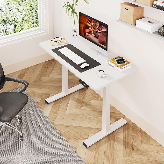 One-Piece Standing Desk 40 x 24 Inches, Small Adjustable Height Desk for Small Space Electric Sit Stand Desks Home Office Computer Workstation, White