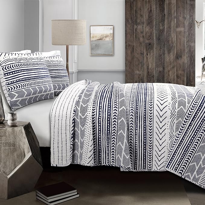 Lush Decor Hygge Geo Pattern Striped 3 Piece Quilt Bedding Set, Full/Queen, Navy & White
