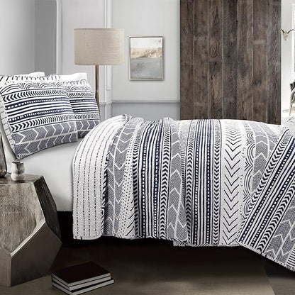 Lush Decor Hygge Geo Pattern Striped 3 Piece Quilt Bedding Set, Full/Queen, Navy & White
