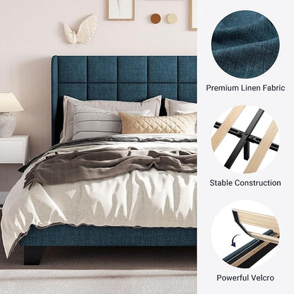 Allewie Queen Size Platform Bed Frame with Wingback, Fabric Upholstered Square Stitched Headboard and Wooden Slats, Mattress Foundation, Box Spring Optional, Easy Assembly, Dark Blue