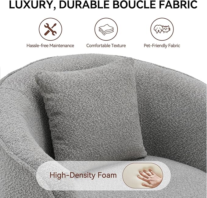 Swivel Accent Chair, Modern Upholstered Boucle Barrel Arm Chairs with Pillow for Living Room, 360 Degree Round Swivel Sherpa Armchair with Round Base for Bedroom Club (1, Grey)
