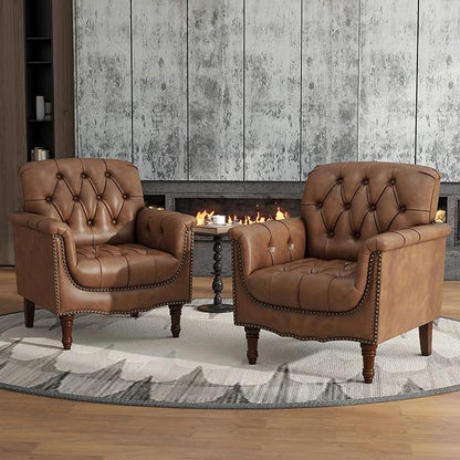 Lumibee Faux Leather Armchairs, Contemporary Accent Chairs Set of 2 with Nailhead Trims & Wood Legs for Living Room, Upholstered Comfy Arm Chairs for Office,Bedroom-Brown