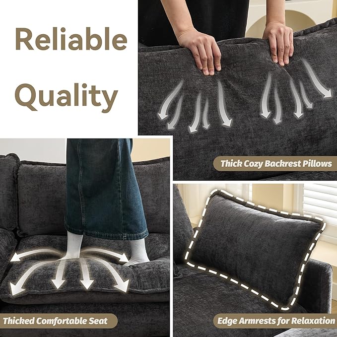 111'' Sectional Cloud Deep Seat Couch, Modern Comfy Chenille L Shaped Sectional Sofa for Living Room Set, Upholstered Modular 4-Seats Sofa Couch with Movable Ottoman, Dark Grey