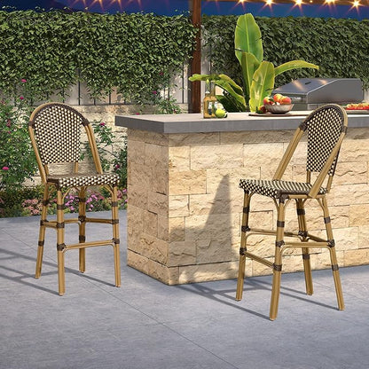 PURPLE LEAF French Bar Stool Set of 2 Bamboo Print Finish Patio Bar Stools with Back Rattan Chairs Wicker Bar Height Stool 30" with Footrest Kitchen Island Stools Outdoor Barstool Brown