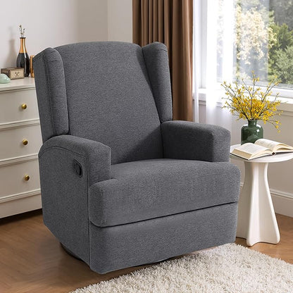 Swivel Glider Recliner Chairs Set of 2 for Adults - High Back Rocker Recliners with Deep Seat, Comfortable & Quiet Upholstered Fabric Armchairs for Living Room or Nursery, Manual Reclining-Gray