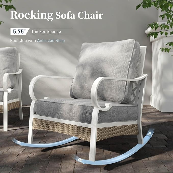 6 PCS Metal Outdoor Patio Furniture Set, Patio Conversation Set 1 3-Seater Couch, 2 Fixed Sofa, 2 Rocking Sofa with 5.75" Thick Cushion and Coffee Table White Backyard Furniture, Gray