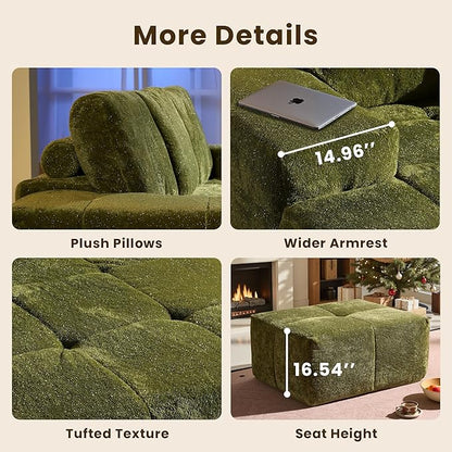 114" Glitter Cloud Sectional Couch with L-Shape Chaise & Ottoman, Modern Boneless Couches for Living Room, Fluffy Tufted Deep Seat Modular Sofa No Assembly (Green Sparkly Velvet,Left Facing)