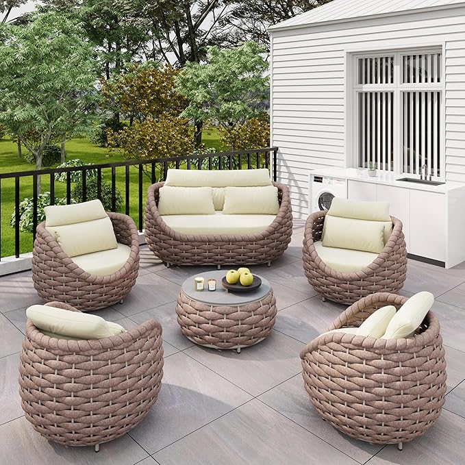 Aluminum Deck Outdoor Furniture Set: 6 Pieces Rope Patio Conversation Sofa Set - Modern Woven Porch Couch Set Cushioned - No Assembly All Weather for 660lbs Yard Garden Lanai Hotel, Terracotta