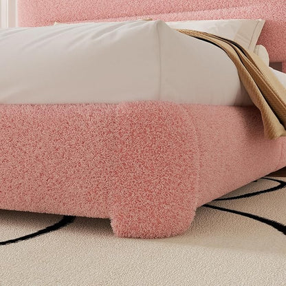 Full Size Cloud Bed Frame, Upholstered Boucle Platform Bed with Adjustable Headboard, Anti-Collision Soft Rounded Corners, Noise Free, Easy Assembly, Pink