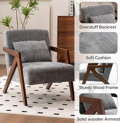 Mid-Century Modern Accent Chair with Solid Wood Frame，Upholstered Chenille Living Room Arm Chairs with Pillow for Bedroom, Living Room, Reading Room, Balcony, Grey