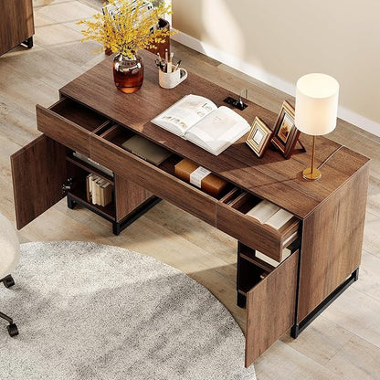 WAMPAT 59" Modern Executive Desk with Drawers, Home Office Computer Desk with Charging Station, File Drawer, Storage Cabinet, Wood Writing Desk for Work and Study, Dark Brown