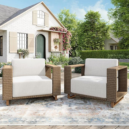 2 Pcs Outdoor Patio Furniture Set, Outdoor Wicker Sofa Couch, Rattan Armchairs Set of 2 with 10" Extra Thick Cushions for Deck Backyard Lawn