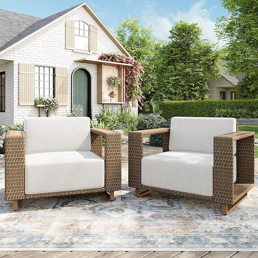2 Pcs Outdoor Patio Furniture Set, Outdoor Wicker Sofa Couch, Rattan Armchairs Set of 2 with 10" Extra Thick Cushions for Deck Backyard Lawn