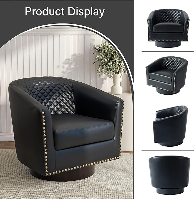 Pia Ricco Faux Leather Swivel Barrel Accent Chairs, 360° Swivel Round Single Sofa Chair, Comfy Upholstered Club Armchair with Nailhead Trim for Living Room/Reading Room/Bedroom, Black