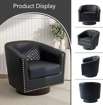 Pia Ricco Faux Leather Swivel Barrel Accent Chairs Set of 2, 360° Swivel Round Single Sofa Chair, Comfy Upholstered Club Armchair with Nailhead Trim for Living Room/Reading Room/Bedroom, Black