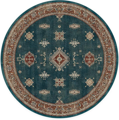 RUGGABLE Washable Vintage Area Rug – Verena Teal Blue 6 ft Round, Stain-Resistant, Non-Slip – Medium Machine Washable Rugs for Living Room, Bedroom, Hallway, Entryway & Office–with Standard Pad
