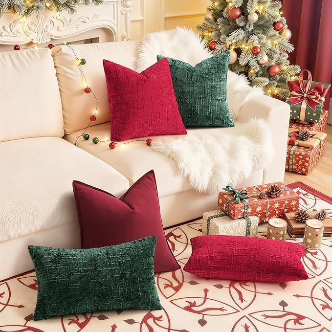 decorUhome Christmas Green Chenille Throw Pillow Covers 12x20 Set of 2 Thick Textured Slubby Couch Pillow Covers Farmhouse Accent Modern Neutral Decorative Pillow Cases for Bed Sofa Living Room