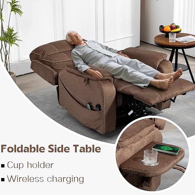 Power Lift Recliners Chairs for Elderly Adults Lay Flat Recliner with Heat & Massage, Wireless Charging Device, USB Ports, Cup Holder, Lumbar Pillow, 400Lbs (Grainy Fibric,Caramel Brown)