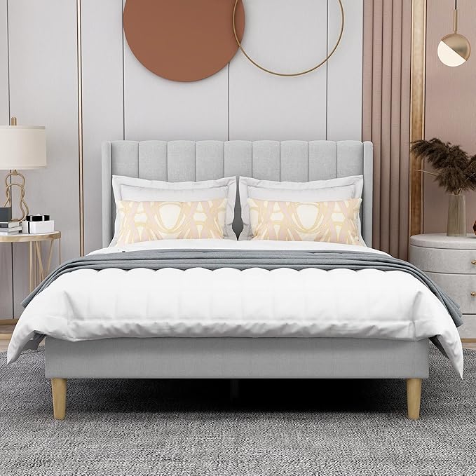 AGARTT Upholstered Platform Bed Frame Full Size with Headboard and Footboard/Wooden Slats Support/No Box Spring Needed/Easy Assembly,Light Grey Linen
