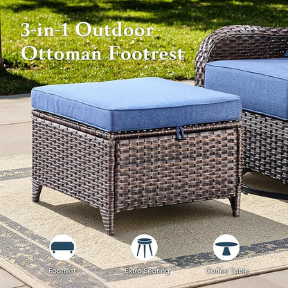 Belord Luxury 6" Thick Cushioned 6 Pieces Patio Furniture Set with Outdoor Couch, Wicker Outdoor Conversation Set with High Back Swivel Rocker Chairs for Deck Porch Yard and Poolside - Brown+Blue