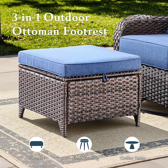 Belord Luxury 6" Thick Cushioned 5 Pieces Patio Furniture Set with 2 Ottomans, Wicker Outdoor Conversation Set with High Back Swivel Rocker Patio Chairs for Deck Porch Yard and Poolside - Brown+Blue