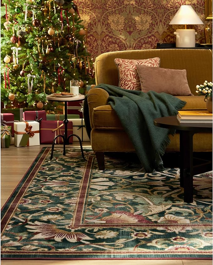 RUGGABLE x Morris & Co Machine Washable Area Rug – Lodden Soft Evergreen & Gold 3x5, Stain-Resistant, Non-Slip – Small Rugs for Living Room, Bedroom, Hallway, Entryway & Office–with Standard Pad