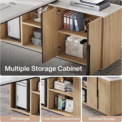 Tribesigns 74.8 Inch Executive Desk, Large Office Desk with Cabinet, L Shaped Computer Desk with Shelves and CPU Storage, Modern Home Office Desks Business Furniture Workstation Set, White and Wood