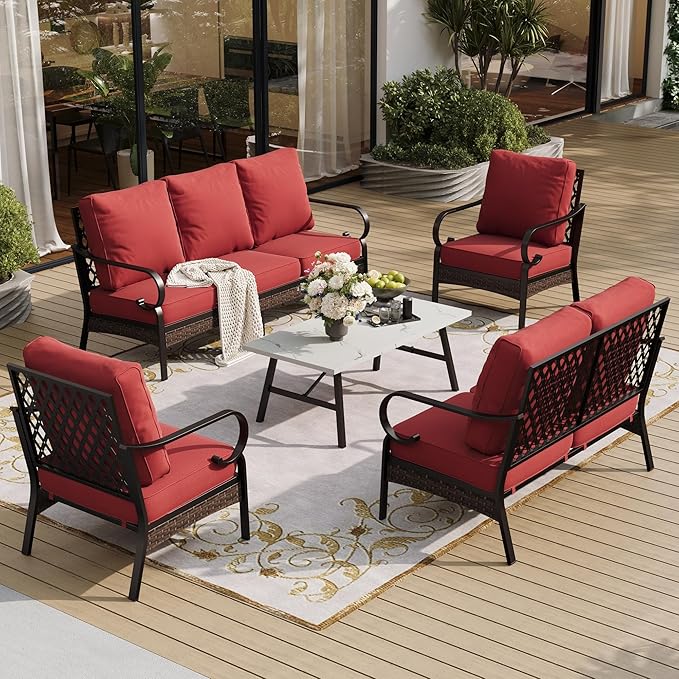 5 Piece Metal Outdoor Patio Furniture Set, Patio Conversation Sets with 3-Seater Sofa, Loveseat, 2 Fixed Sofa (5.75" Thick Cushion) & Coffee Table Black Backyard Furniture, Rust Red