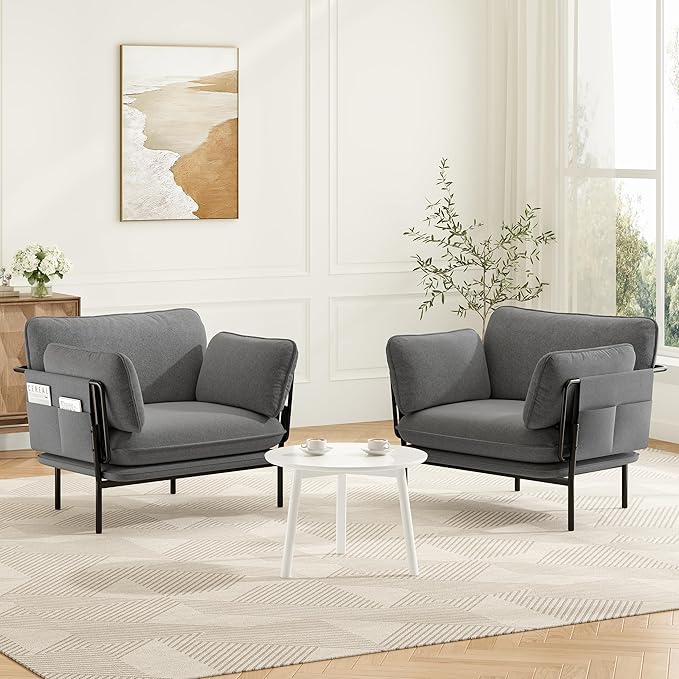 Modern Accent Chair for Living Room, Oversized Reading Chair with Solid Metal Legs, Upholstered Fabric Armchair with Side Pockets and 2 Pillows, Accent Chairs for Bedroom, Nursery, Blue Gray